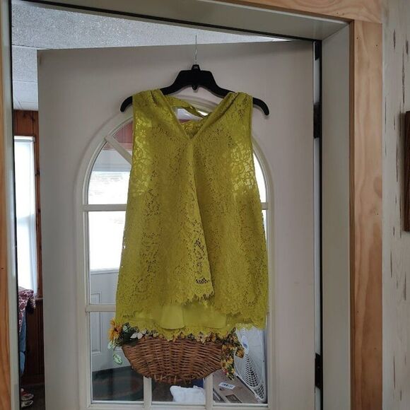 New J Crew Green Sleeveless Lace Overlay Tie Back Top Neck Women's L - Picture 1 of 3